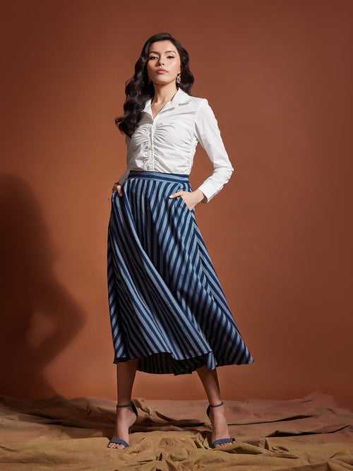 Tencel Navy Stripe Skirt With Flounce And Pockets