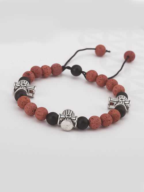 Red Lava and Black Stones Adjustable Mens Bracelet