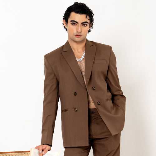 Brown Double Button Loose Fit Blazer