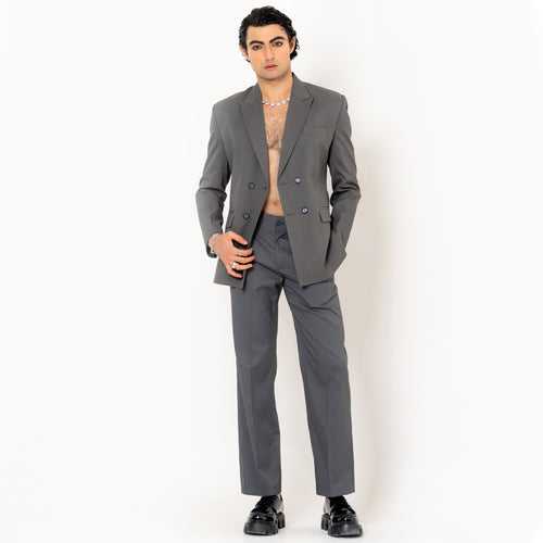 Dark Grey Double Button Loose Fit Suit Set