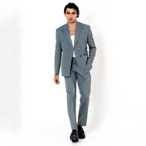 Grey Double Button Loose Fit Suit Set
