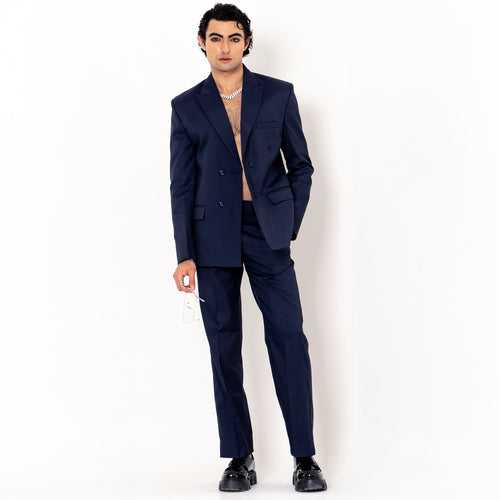Dark Blue Double Button Loose  Fit Suit Set
