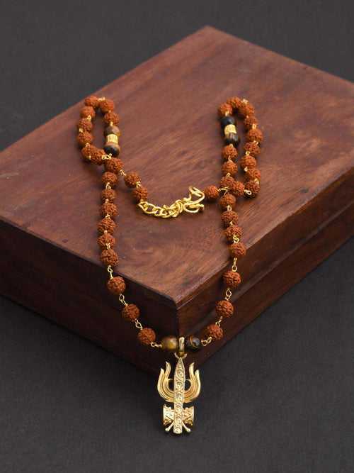 Trishool Gold Plated Rudraksha Mens Necklace