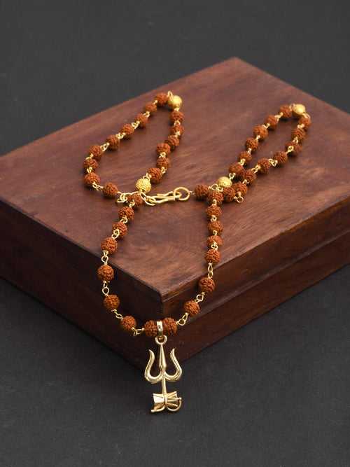 Small Trishul Gold Plated Rudraksha Mens Necklace