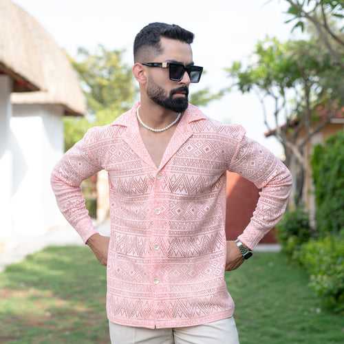 Dusty Pink Crochet Full Sleeves Printed Shirt