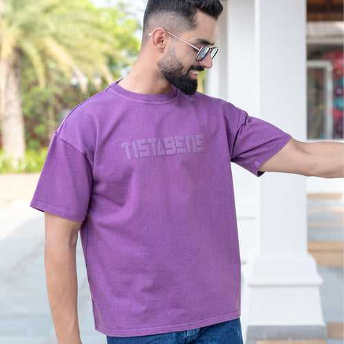 Purple Stone Wash Puff Printed Oversized Half Sleeves T-Shirt