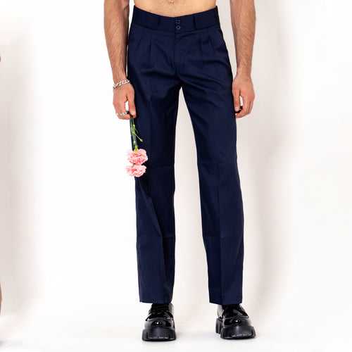 Two Buttons  Double Pleated  Dark Blue  Korean Pant