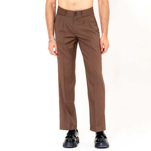 Two Buttons Double Pleated Brown  Korean Pant