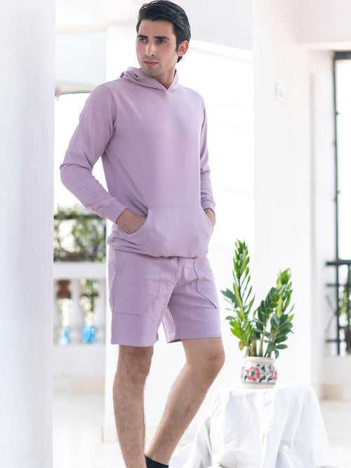 Lilac Solid Kangaroo Pattern Hoodie with Shorts Co-ord Set