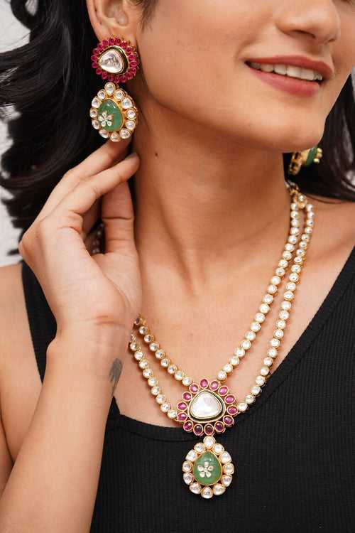 Darshini Double Layer Polki Necklace | Rubies and Emeralds