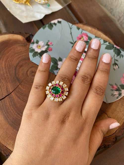 Moissanite Indian Ring with Rubies & Emeralds