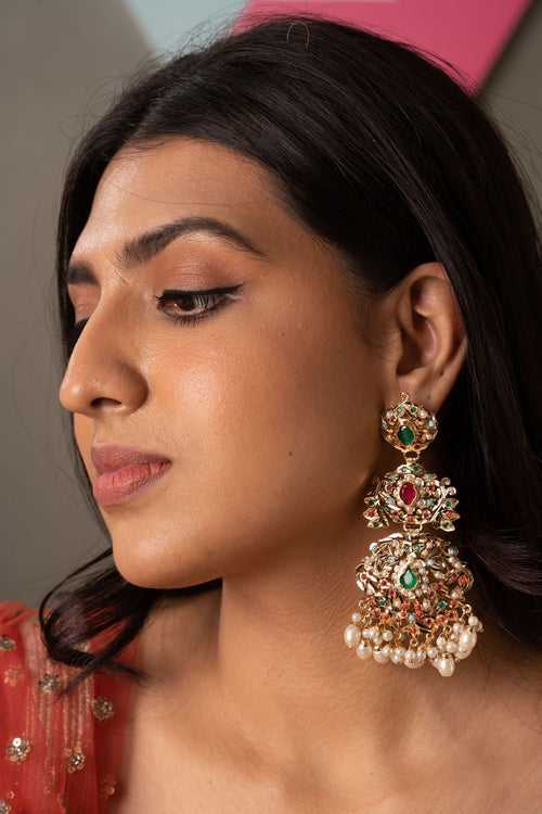 Zahabiya 3 Layer Navratna Jadaau Indian Earring