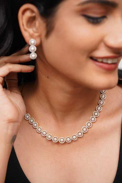 Kayla Round Pearl Diamond  Necklace Set