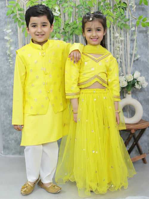 BownBee Sibling Set Jacquard Jacket with Full Sleeve Cotton Kurta Pajama for Boys and Pure Chanderi 3/4th Sleeve Top with Lehenga & Dupatta- Yellow