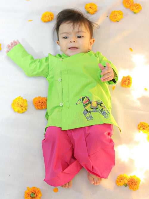 BownBee  Baby Boys Pure Cotton Full Sleeve Dhoti Kurta for Baby Infant- Green