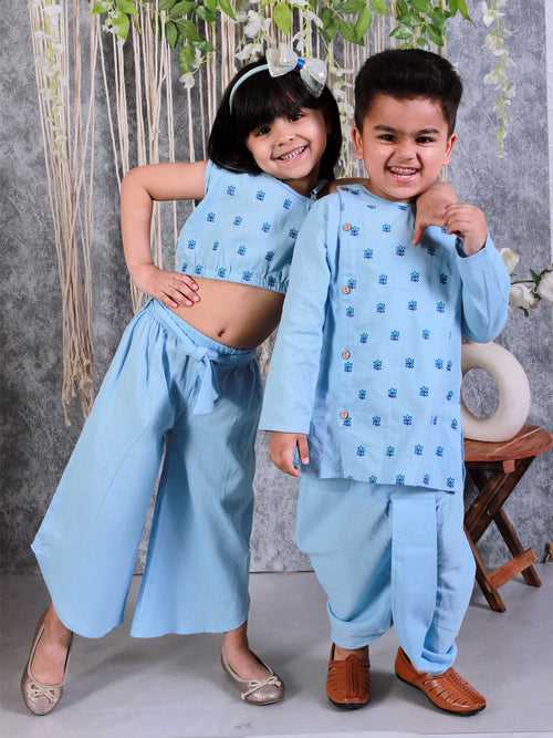 BownBee Sibling Set Embroidered Full Sleeve Pure Cotton Kurta with Dhoti for Boys and Cotton Embroidered Top with Palazzo Pants for Girls- Blue