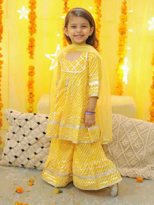 BownBee Pure Cotton Printed Kurta Sharara with Dupatta for Girls- Yellow