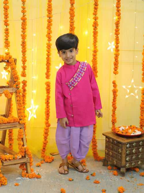 BownBee Embroidery Front Open Cotton Kurta with Dhoti for Boys- Pink