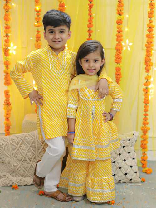 BownBee Pure Cotton Printed Leheriya Kurta Pajama for Boys- Yellow with Pure Cotton Printed Kurta Sharara with Dupatta for Girls- Yellow