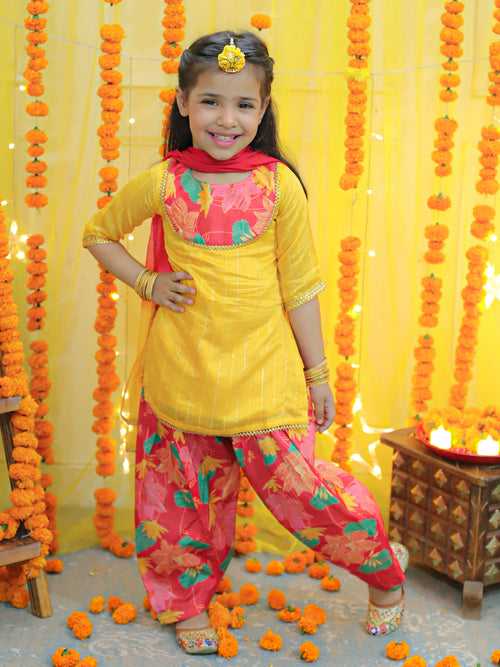 BownBee Girls Ethic Traditional  Indian Festive Chanderi Kurta with Printed Salwar and Dupatta -Yellow