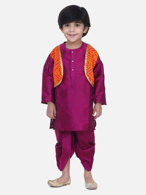 BownBee Boys Attached Jacket Bandhani Dhoti Kurta- Purple