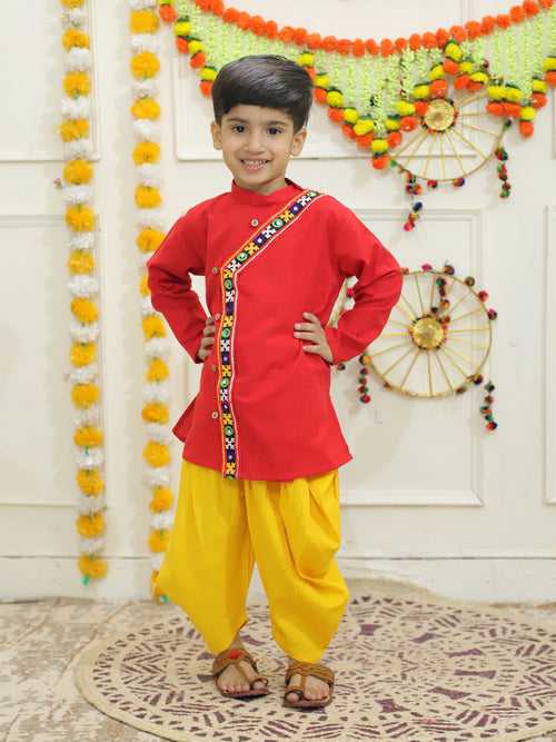 BownBee Embroidered Cotton Kurta with Dhoti for Boys- Red