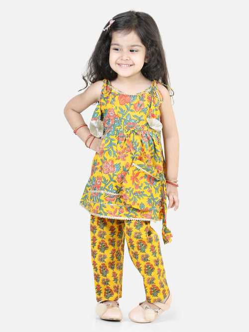 BownBee Cotton Kurti with Pant Dupatta Set for Girls- Yellow