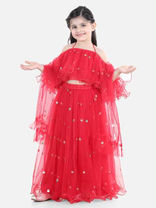 BownBee Half Sleeves Sequined Ruffled Choli With Lehenga  Dupatta - Red