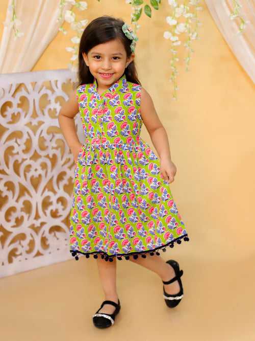 BownBee Summer Pure Cotton Printed Frock for Girls- Green