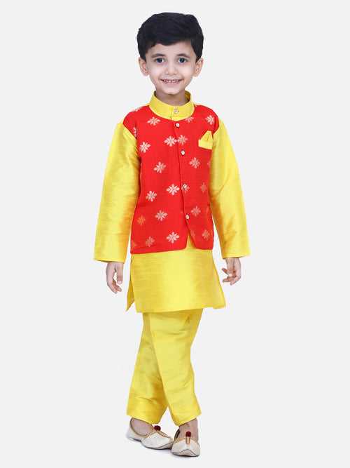 BownBee Full Sleeves Flower Design Attached Jacket Kurta With Pyjama - Yellow