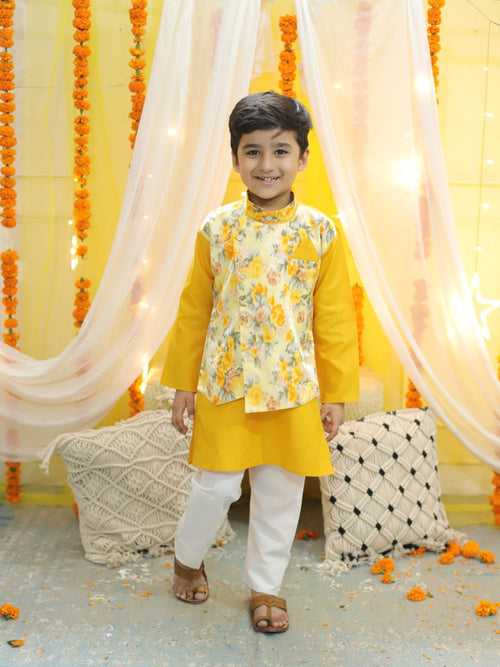 BownBee Boys  Ethnic Attached Floral printed Jacket Cotton Kurta Pajama -Yellow