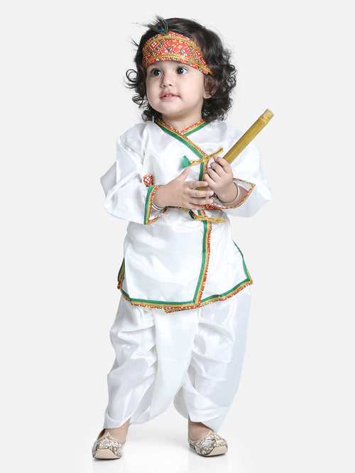 BownBee Full Sleeves Kanhaiya Suit With Basuri & Mukut With Band - White