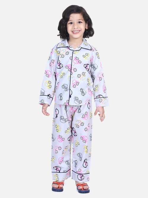 BownBee Full Sleeve Car Printed Night Suit - Grey