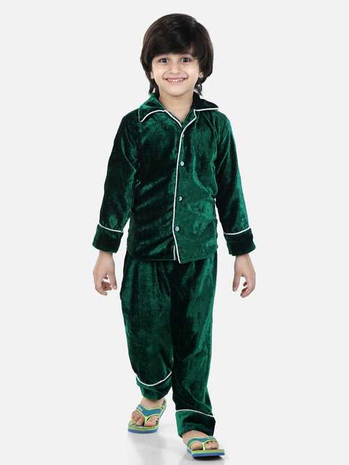 BownBee Full Sleeve Velvet UniSex Night Suit- Green