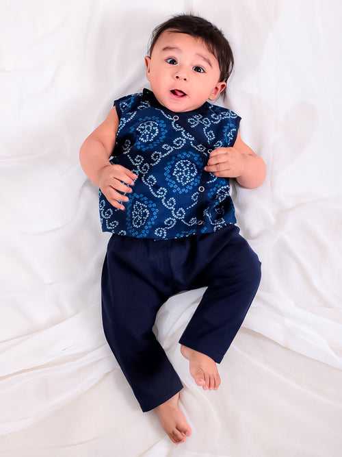 BownBee Pure Cotton Bandhani Print Kurta Pajama Set for Baby Boy- Blue