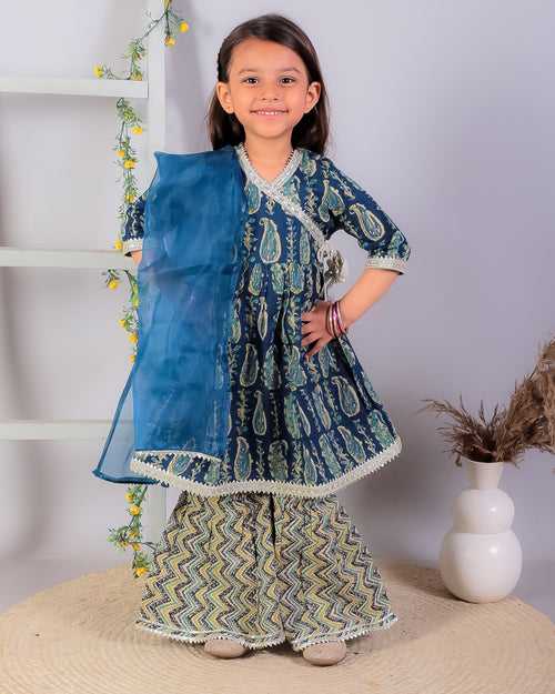 BownBee Alia Cut Pure Cotton Printed Kurta with Sharara and Dupatta for Girls- Indigo