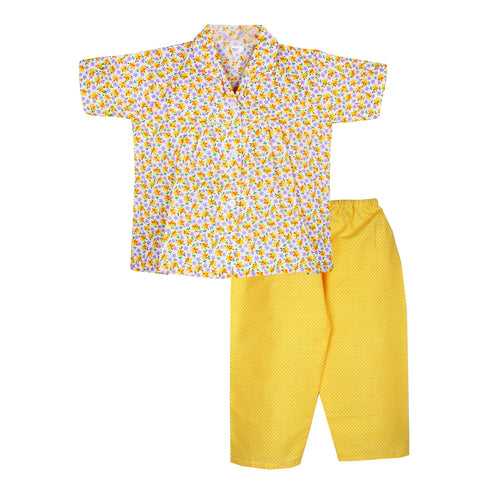 BownBee Flower print Cotton Night Suit for Girls - Yellow