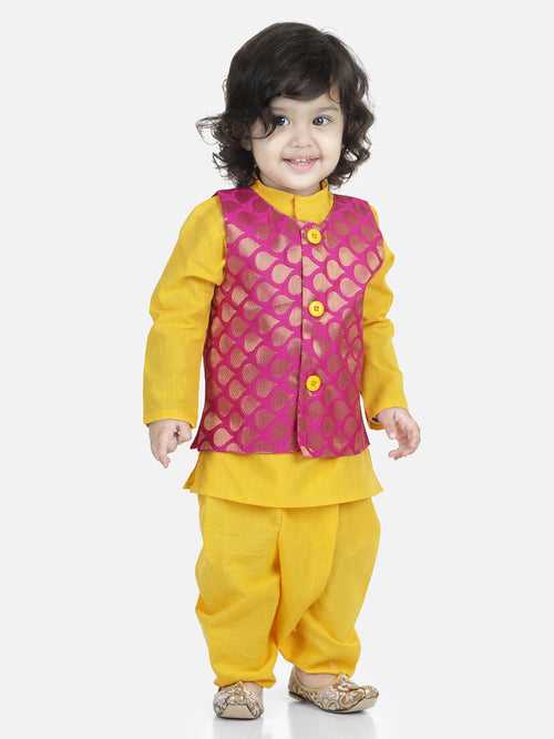 BownBee Full Sleeves Kurta With Dew Drops Brocade Jacket & Dhoti - Yellow