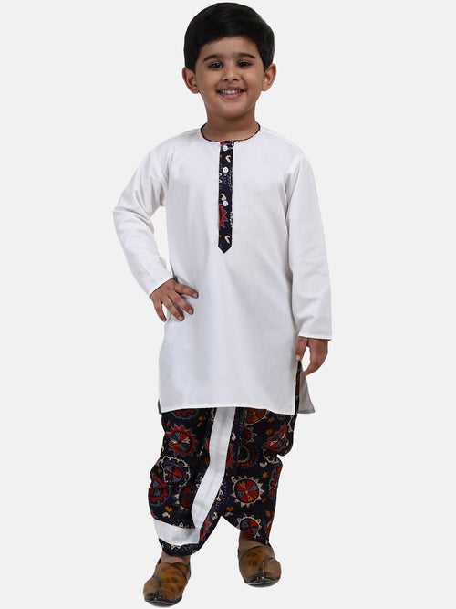 BownBee Full Sleeves Kurta & Printed Dhoti - White