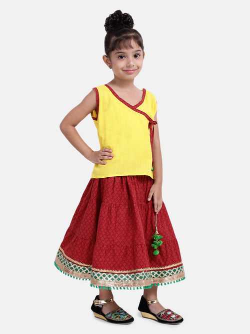 BownBee Sleeveless Knot Closure Top With Sanganeri Print Skirt - Yellow Red