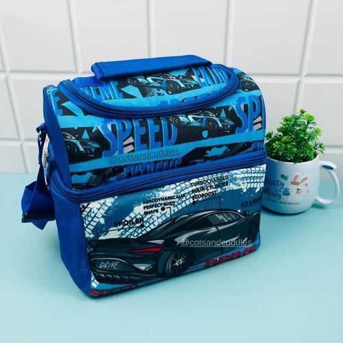 Versatile and Stylish: Fully Padded Double Decker Multipurpose Lunch Bag with Adjustable Strap (Speed Car)
