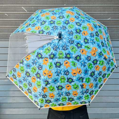 Colorful PVC Kids Umbrella with 1 Rib Clear See-Thru Vision: A Fun and Functional Rainy Day Companion (Monster)
