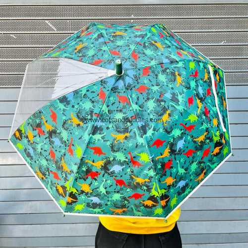 Colorful PVC Kids Umbrella with 1 Rib Clear See-Thru Vision: A Fun and Functional Rainy Day Companion (Colourful Dino)