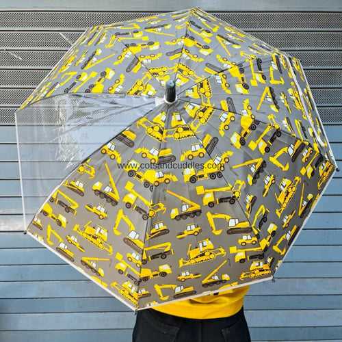 Colorful PVC Kids Umbrella with 1 Rib Clear See-Thru Vision: A Fun and Functional Rainy Day Companion (Yellow Vehicle)