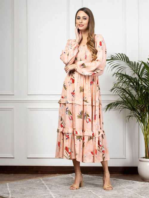 Peach Printed Smocked Square Neck Maxi Dress