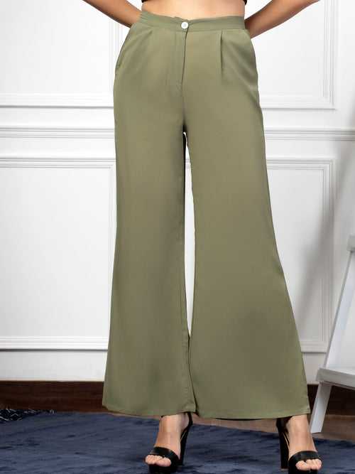 Women Green Korean Style Flare Trouser