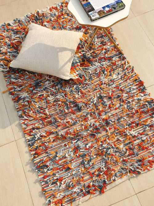 Multicolor Cotton Tassels Details Rug