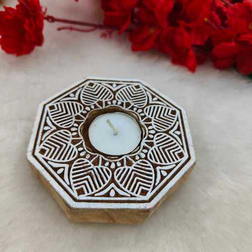 Octagonal Handmade Wooden Base T-Light Holder (Set of 2)