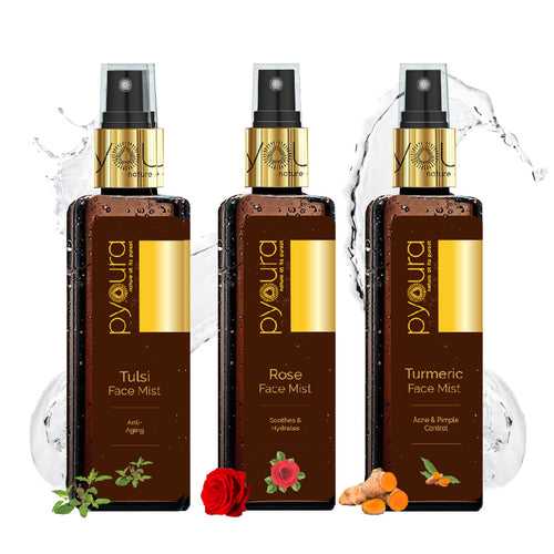 Turmeric + Tulsi + Rose Face Mist Combo <h4> A complete, easy-to-use skincare kit that keeps managing acne, pimples and fine lines just a soothing, alcohol and stain free spray away. <h4> <h6>100 ml each Pack of 3<h6>