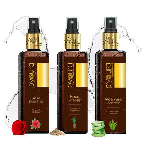 Rose + Aloe vera + Khus Face Mist Summer Skincare Kit <h4> Soothe Hydrate Sunburn & Refresh with these 100% pure, alcohol free extracts<h4><h6>100 ml each Pack of 3<h6>